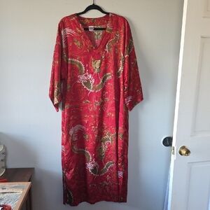 Natori Red Gold Dragon Brocade Kimono Robe Asian Inspired Lounge Wear. Moo Moo